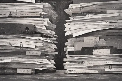 Messy Office Document Stacks in Grayscale