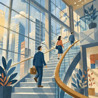 Ascending Staircase in Modern Office Atrium