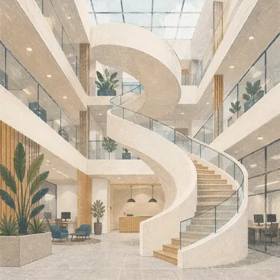 Ascending Spiral Staircase in Modern Office Atrium