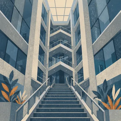 Ascending Staircase in Modern Corporate Atrium