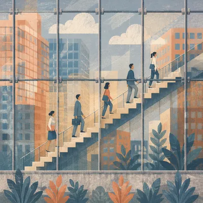 Ascending Office Staircase Behind Reflective Glass