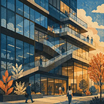 Ascending Terraces on Modern Glass Office