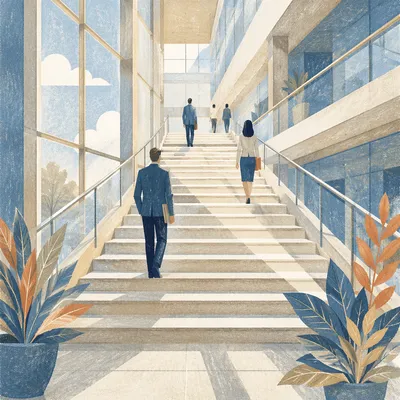 Ascending Staircase in Modern Office Atrium