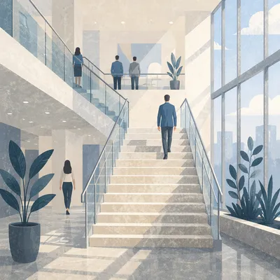 Ascending Staircase in Modern Office Atrium