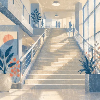 Ascending Staircase in Modern Glass Office Atrium