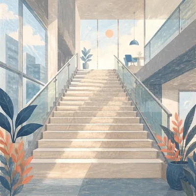 Ascending Staircase in Modern Office Atrium
