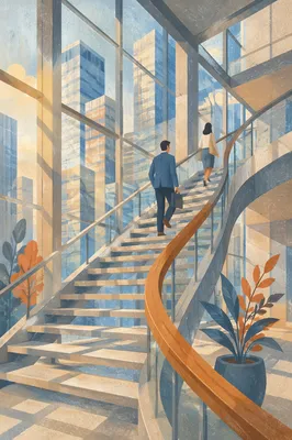 Ascending Staircase in Modern Office Atrium