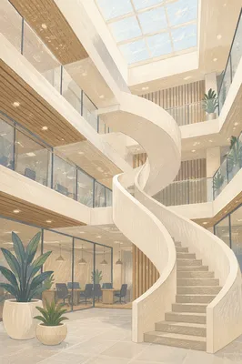 Ascending Spiral Staircase in Modern Office Atrium