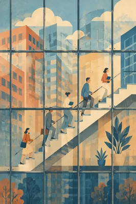 Ascending Office Staircase Through Reflective Glass