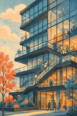Ascending Terraces on Modern Glass Office