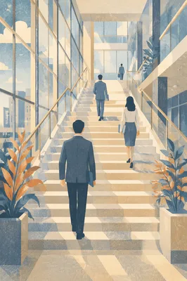 Ascending Staircase in Modern Office Atrium