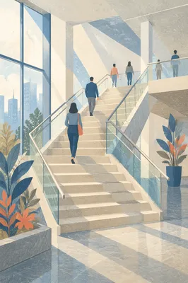 Ascending Staircase in Modern Office Atrium