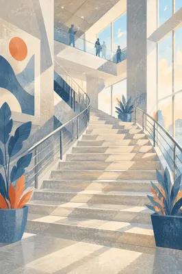 Ascending Staircase in Modern Glass Office Atrium