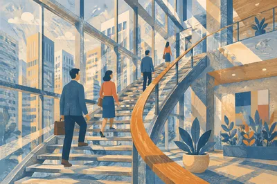 Ascending Staircase in Modern Glass Atrium