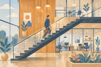 Ascending Office Staircase with Business Momentum