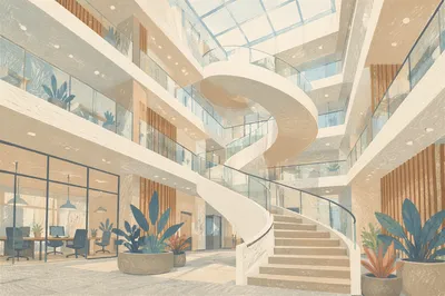 Ascending Spiral Staircase in Modern Office Atrium