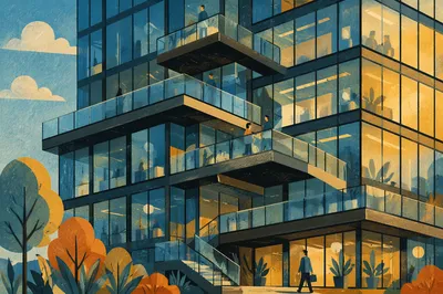 Ascending Terraces on Modern Glass Office Building