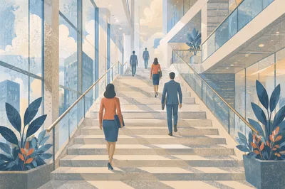 Ascending Staircase in Modern Office Atrium