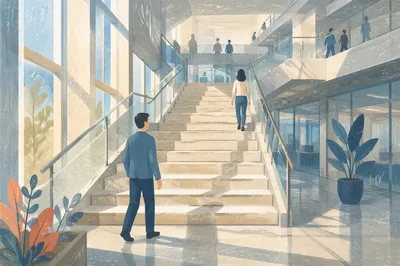 Ascending Staircase in Modern Office Atrium