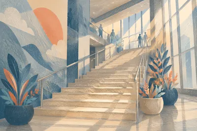 Ascending Staircase in Modern Office Atrium