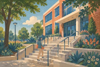 Ascending Office Stairs Toward Modern Entrance