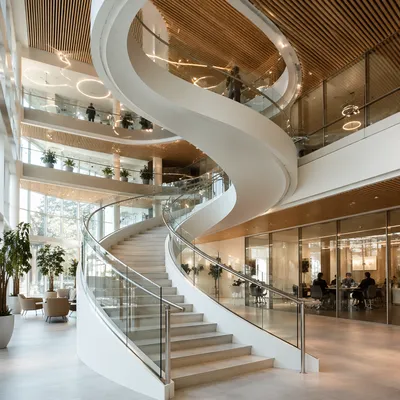 Ascending Spiral Staircase in Modern Office Atrium