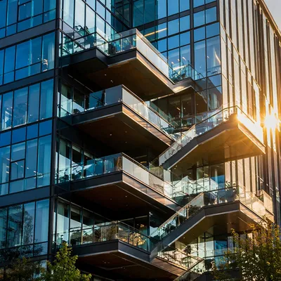Ascending Terraces on Modern Glass Office