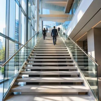 Ascending Staircase in Modern Glass Office Atrium