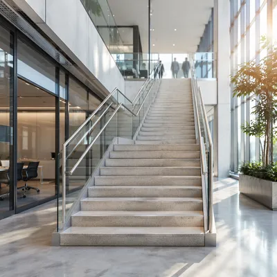 Ascending Staircase in Modern Glass Office Atrium