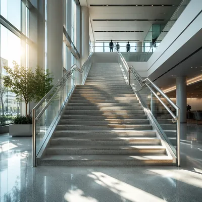 Ascending Staircase in Modern Glass Office Atrium