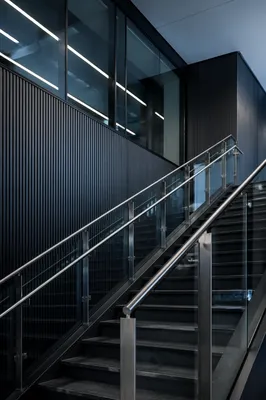 Ascending Modern Office Staircase with Glass Railings