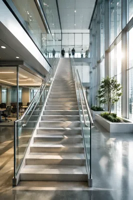 Ascending Staircase in Modern Glass Office Atrium