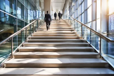 Ascending Staircase in Modern Glass Office Atrium