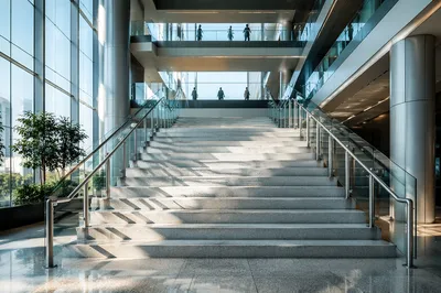 Ascending Staircase in Modern Office Atrium