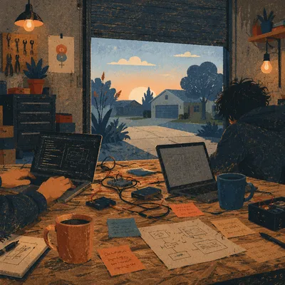 Startup Garage Workspace at Dawn