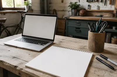 Startup Garage Workbench with Laptop and Sketch Pad