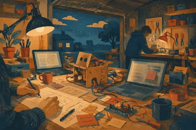 Startup Garage Workspace at Blue Hour