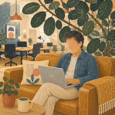 Casual Startup Lounge with Laptop and Plants
