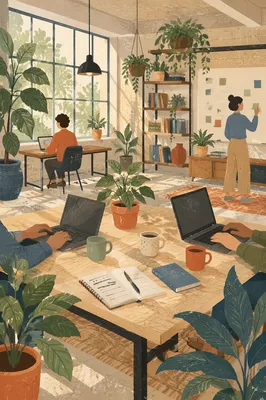 Sunlit Startup Office with Plants Decor