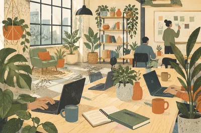 Sunlit Startup Office with Plants Decor