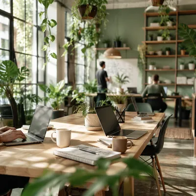 Sunlit Startup Office with Plants Decor