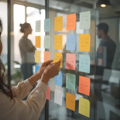 Colorful Sticky Notes on Glass Planning Wall