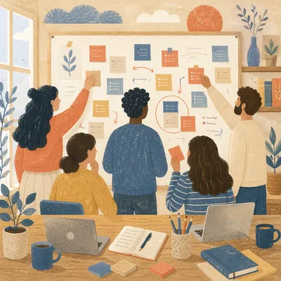 Team Brainstorming Around Whiteboard and Sticky Notes