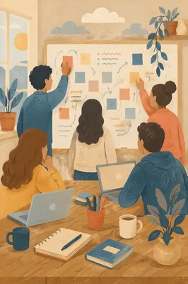 Team Brainstorming at Whiteboard with Sticky Notes