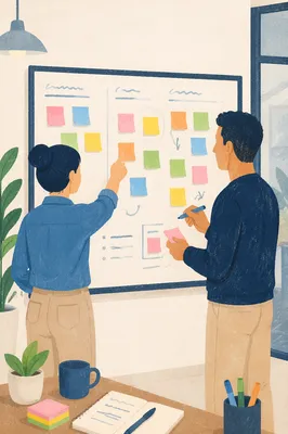 Team Brainstorming by Whiteboard with Sticky Notes