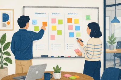 Team Brainstorming at Whiteboard with Sticky Notes