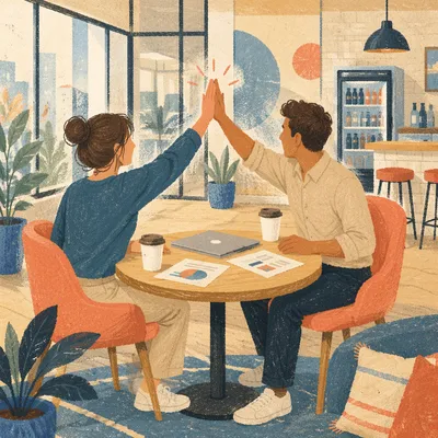 Coworkers High Five in Modern Office Café