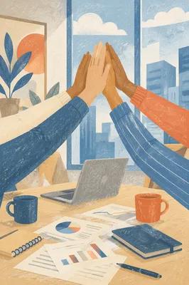 Team High Five in Bright Modern Office
