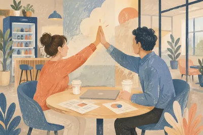 Coworkers High Five in Modern Office Café
