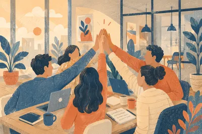 Office Team High Five Celebration Scene
